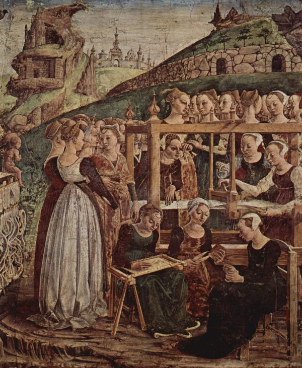 Painting by Francesco del Cossa of the contest between Arachne and Athena showing Arachne's hubris